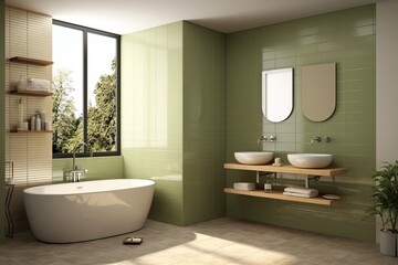Fototapeta na wymiar Modern and Naturalistic Bathroom. Green Walls and some Vegetation Inside.