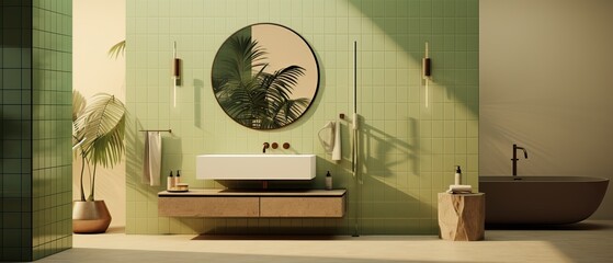 Modern and Naturalistic Bathroom. Green Walls and some Vegetation Inside.