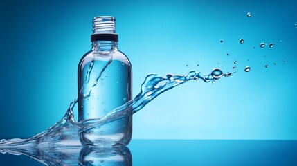 a cosmetic product in a bottle with a pipette, water drops, and splashes on a blue background.