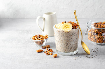 Chia Pudding with Banana, Granola and Cinnamon, Overnight Banana Oats, Healthy Breakfast or Snack,...