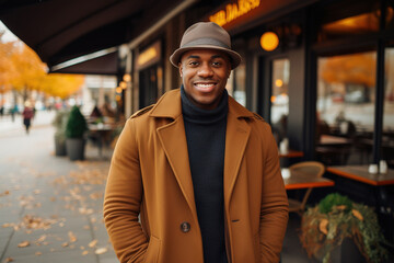 Young African American man in hat and coat street portrait. Fall season lifestyle
