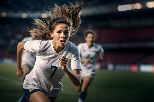 Moment of woman soccer player in jersey playing football on field with the stadium is background, Full of determination and passion, Generative AI