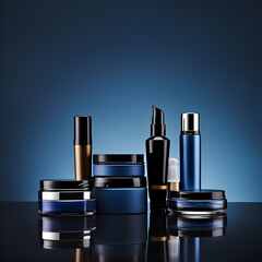 Cosmetics product line with blue color background and copy space, Packing set, package