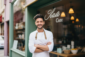 Fototapeta premium Proud coffee shop owner standing in front of his cozy café, confident entrepreneur, small business owner