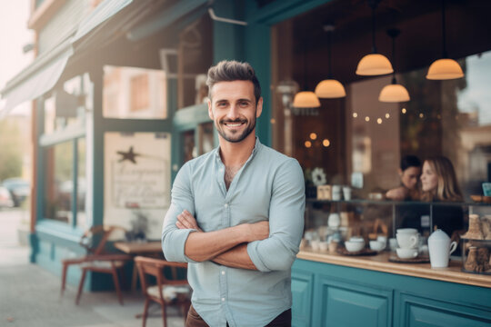 Proud coffee shop owner standing in front of his cozy café, confident entrepreneur, small business owner