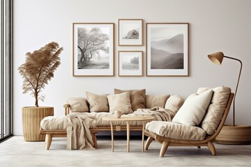 Contemporary living space with framed poster, rattan armchair, modular sofa, stool, slippers, pillow, ladder, dried flower vase, and accessories. Home decoration template. Generative AI