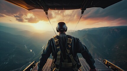 Extreme skydiving. Skydiver flying on a parachute at sunset. Extreme sport