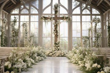 Wedding venue interior design with handmade cross, decorated with flowers