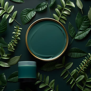 set of cosmetic products with environmentally friendly background, copy space, top view, green 