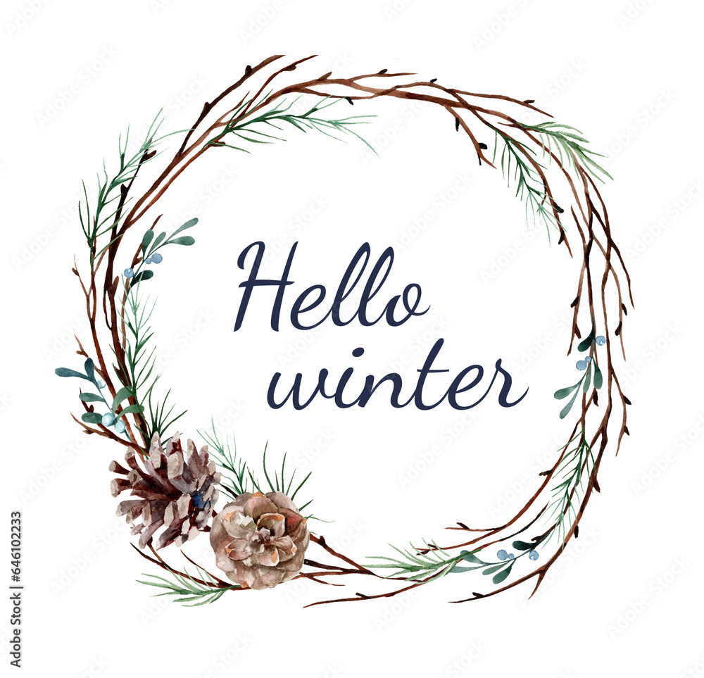 Wall mural Watercolor round wreath with pine branches and pine cones isolated on a white background. Hello winter