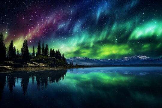 Starry sky and Aurora Borealis reflected on water. Generative AI