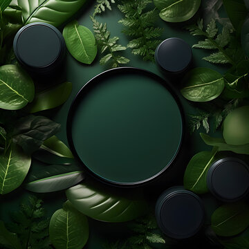 set of cosmetic products with environmentally friendly background, copy space, top view