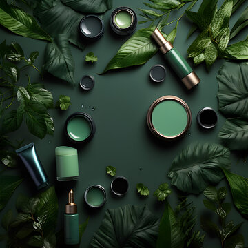set of cosmetic products with environmentally friendly background, copy space