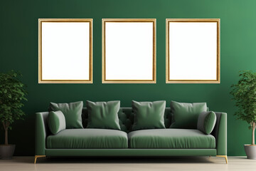 Wall art mockup. Three frames with golden borders. Living room with green background. Empty mockup frame