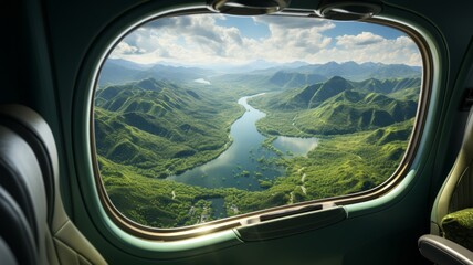 Naklejka premium view from an airplane of an amazing passage with clouds, mountains and water in the distance, travel
