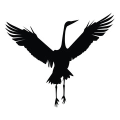 Black Flying Crane Silhouette on White Background