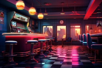 Interior of a vintage restaurant with tiled floor, colorful neon lights, a jukebox, and stylish bar stools. Digitally created illustration. Generative AI