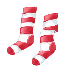 Watercolor illustration of warm striped socks isolated on white background. Warm clothes. Fireplace decor