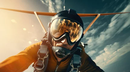 Keuken spatwand met foto Extreme skydiving. Skydiver flying on a parachute at sunset. Extreme sport © masyastadnikova