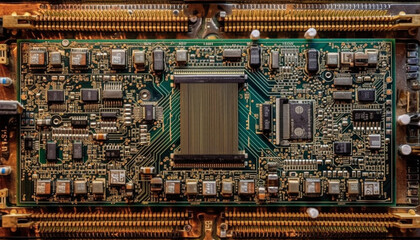 Obraz premium Complexity of semiconductor circuit board, a small futuristic marvel generated by AI