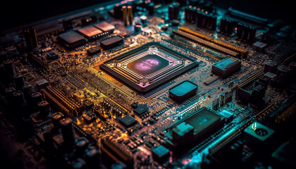 Obraz premium Abstract blue circuit board with complex computer chip and semiconductor generated by AI