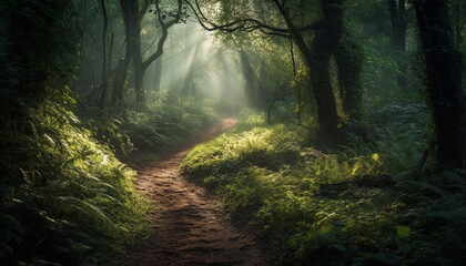 Fototapeta premium Tranquil forest footpath, mysterious fog, green leaves, beauty in nature generated by AI