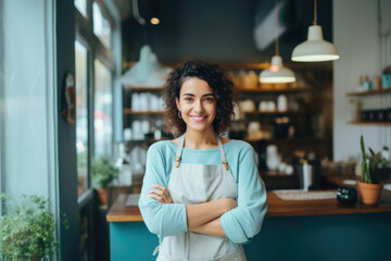Proud female coffee shop owner standing in front of her cozy café, confident entrepreneur, small business owner	