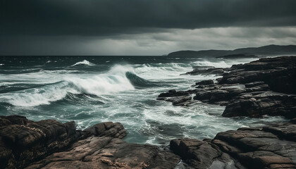 Breaking waves crash against rocky coastline, dramatic sky above generated by AI