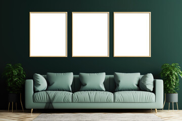 Wall art mockup. Three frames with golden borders. Living room with green background. Empty mockup frame