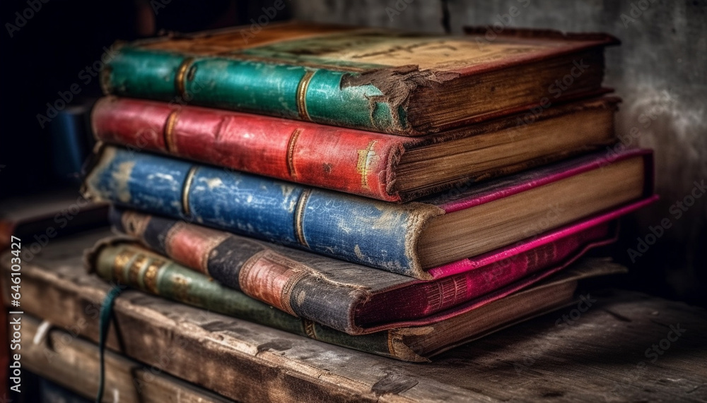 Poster antique book collection on old fashioned bookshelf in dirty library generated by ai