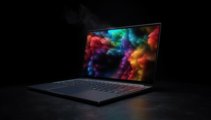 Modern laptop glows on black background, symbolizing futuristic technology generated by AI
