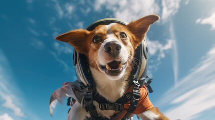 a cute little dog goes skydiving. Skydiving, dog in equipment flying through the sky. Free flight. Adrenaline emotions