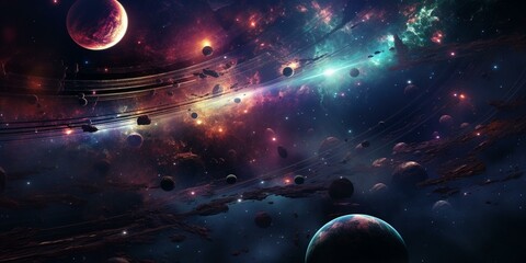 cinematic galaxy with vibrant planets and stars - obrazy, fototapety, plakaty