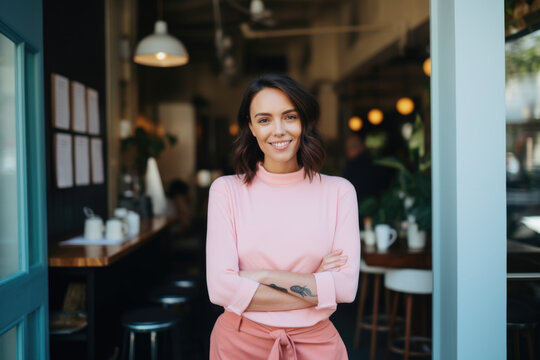 Proud Female Coffee Shop Owner Standing In Front Of Her Cozy Café, Confident Entrepreneur, Small Business Owner	