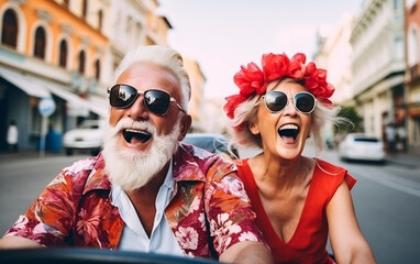 Senior couple travel and have fun together, drive a convertible car
