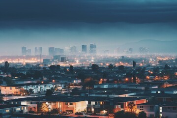 Cityscape with lit buildings at night in Costa Mesa, California. Generative AI