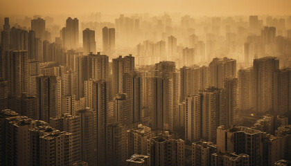Fototapeta premium Modern skyscrapers illuminate the crowded city skyline at dusk generated by AI