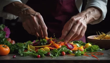 Fotobehang Healthy vegetarian salad prepared by chef with fresh organic ingredients generated by AI © Stockgiu