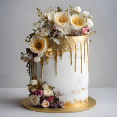 wedding cake standing tall, adorned with delicate white frosting and complemented by intricate gold touches
