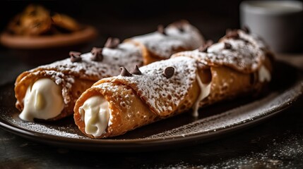 Close up of cannolis against a rustic background - obrazy, fototapety, plakaty
