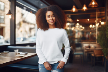Beautiful black woman wearing white sweater and jeans, at cafe. Design sweater template, print...