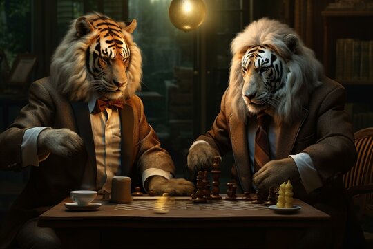Ultrarealistic and highly detailed image of a lion and tiger dressed in suits playing chess. Generative AI