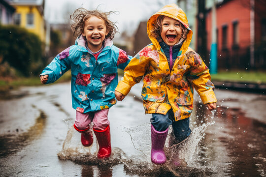 zwei Kinder in Regenjacke und Gummistiefeln springen in eine Pfütze, two children in rain jacket and rubber boots jumping in a puddle