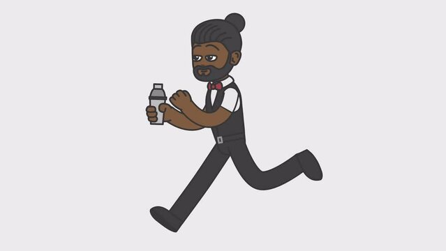 Black male bartender with a beard runs holding shaker in his hand. Looped 4K video with alpha-channel.