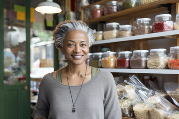  Portrait of a smiling senior black woman, healthy food store owner