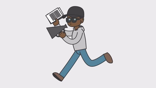 Black male director runs holding script and megaphone in his hands. Looped 4K video with alpha-channel.