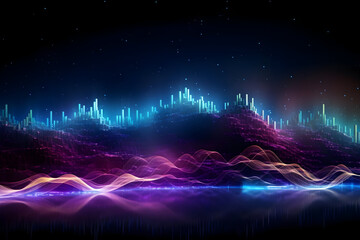 Abstract Futuristic Background with Vibrant Neon Waves, Data Mountains, and Bokeh Lights. A Captivating Representation of Data Transfer and a Mesmerizing Wallpaper