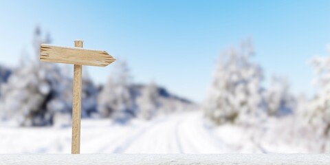 Naklejka premium Empty, blank wooden arrow direction sign with snow cover, wooden board sign template for christmas or winter concept on winter landscape background