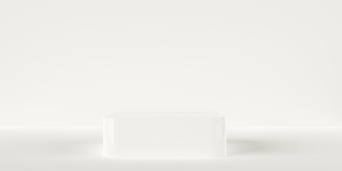 Empty, blank, rounded square podium or dais in white room background, product or design placement template