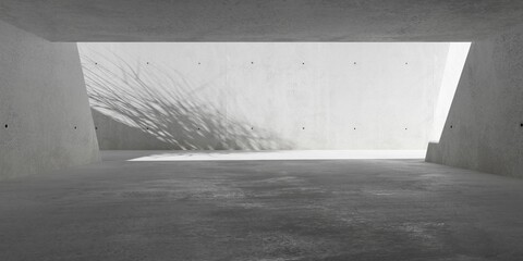 Abstract empty, modern concrete room with backwall opening, tree shadow and rough floor - industrial interior background template